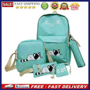 5pcs/set Cute Cat Canvas Bags Travel Backpack Shoulder Clutch Bag (Green)