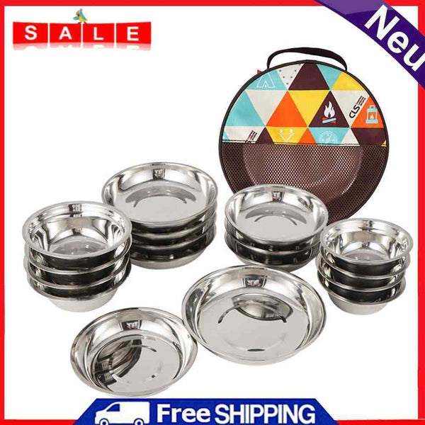 Camping Mess Kit Outdoor Tableware Stainless Steel Plate Bowl with Storage Bag
