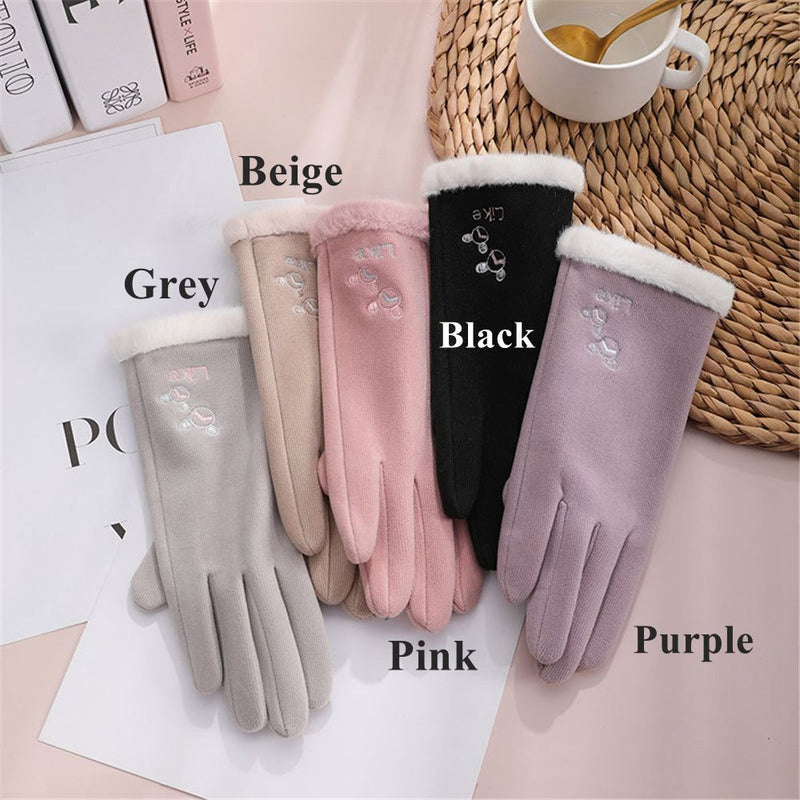 Windproof Embroidered Winter Warm Gloves Touch Screen Plush For Women