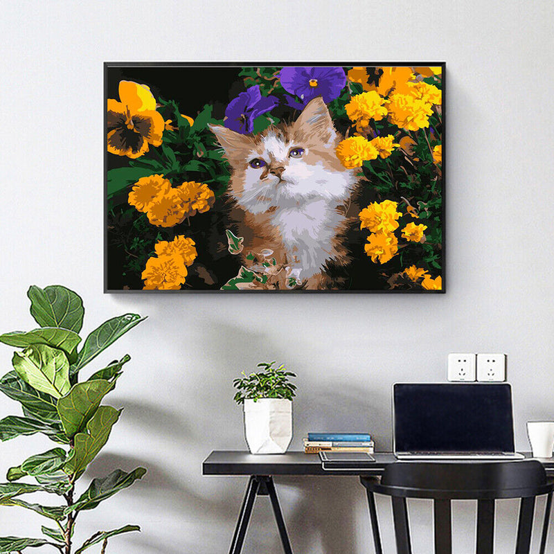 DIY Digital Painting By Numbers Cat Flower Frameless Canvas Picture Modern Art