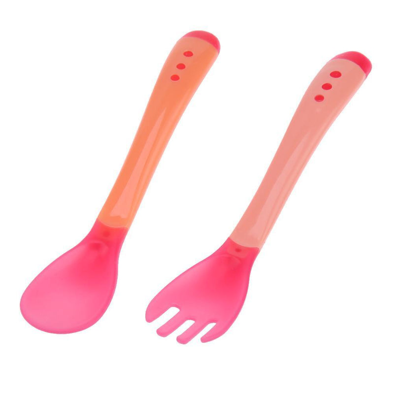 Baby Feeding Safety Soft Spoon Fork Set Temperature Sensing Flatware(Pink)