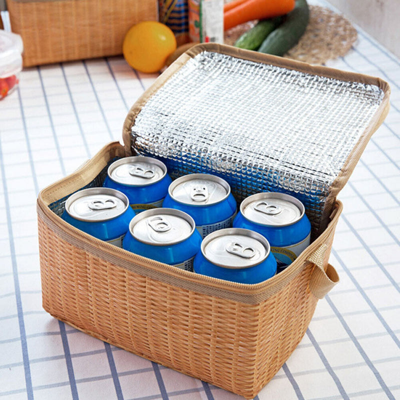 Portable Wicker Rattan Camping Picnic Bags Insulated Thermal Lunchbox Bag