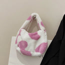 Women Soft Warm Plush Heart Pattern Handbags Female Travel Fluffy Underarm Bags