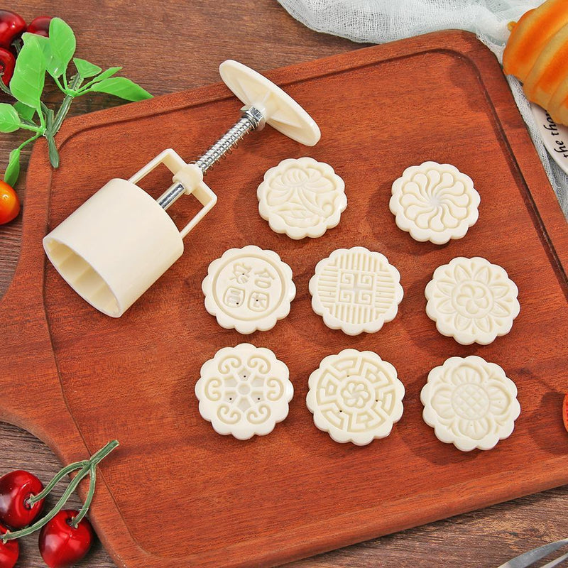 9pcs Round Ice Mooncake Mold Hand Press Pastry Cakes Mould DIY Kitchen Bake
