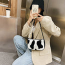 Plush Handbags Female Cow Print Shoulder Underarm Bag Chain Tote Purses (2)