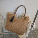 Female Large Capacity Woven Portable Shoulder Bag Handmade Straw Tote Handbag