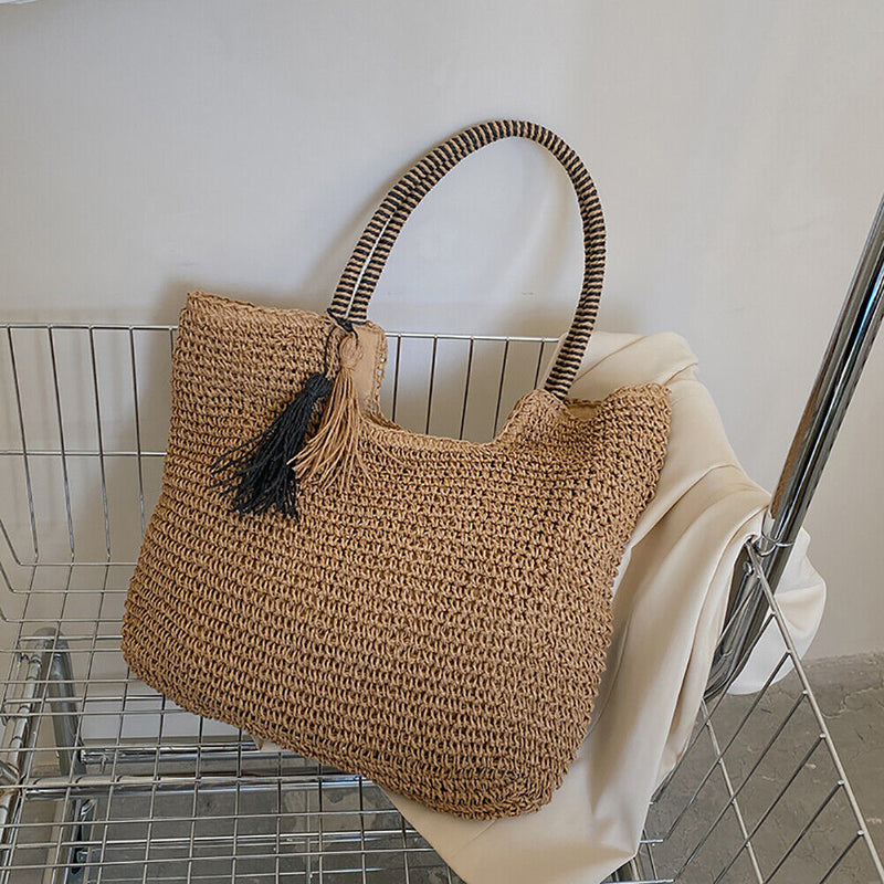 Female Large Capacity Woven Portable Shoulder Bag Handmade Straw Tote Handbag