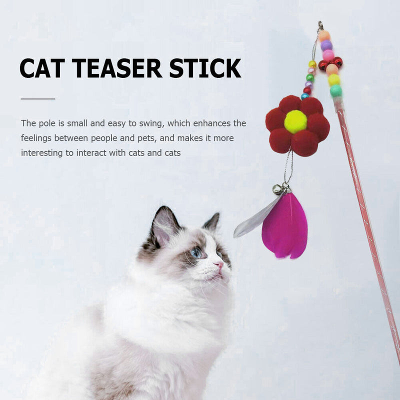 Feather Bell Flower Chaser Wand Fun Kitten Cat Teaser Rod Interactive Stick T