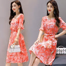 Women Elegant Print Dress O Neck Frill Half Sleeve Lace Up Tunic A-line Dresses