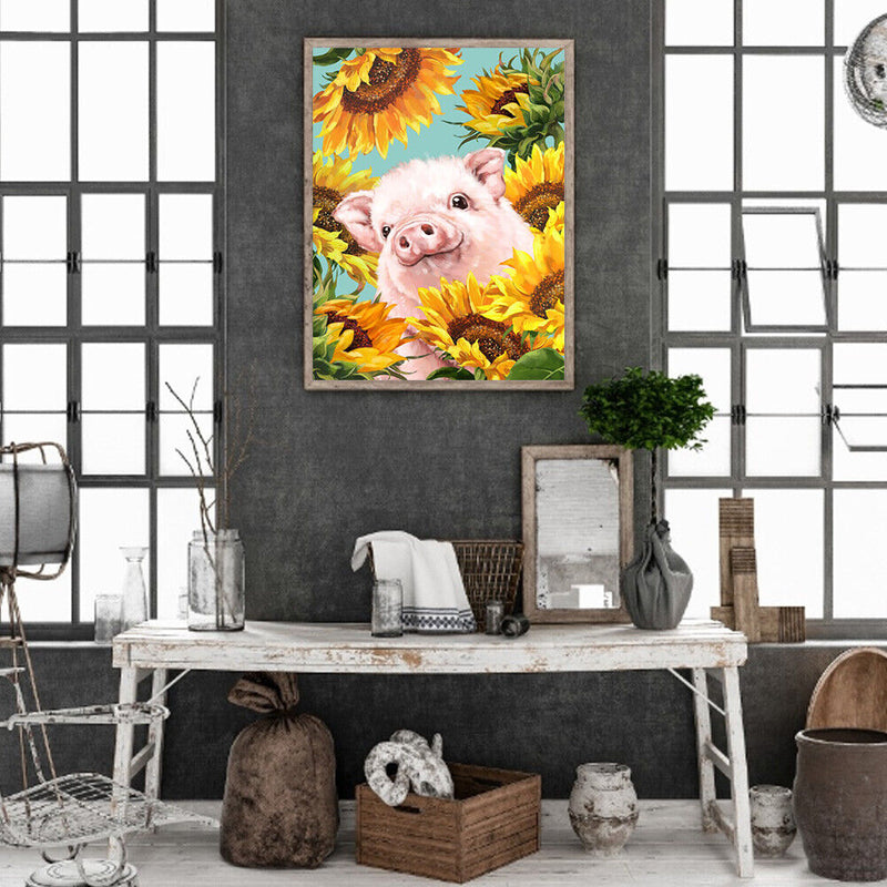 Full Drill Round Rhinestone Picture DIY 5D Mosaic Pig in Sunflower Painting Kit