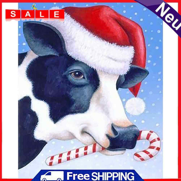 Oil Paint by Numbers Christmas Cow Canvas Artwork Living Room Picture Decoration