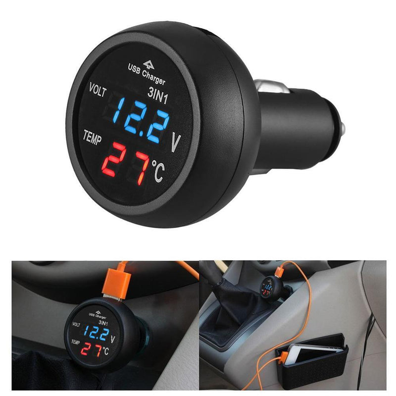 3 in 1 12/24V Car LED Digital Voltmeter Gauge+Thermometer+USB Charger(Blue)
