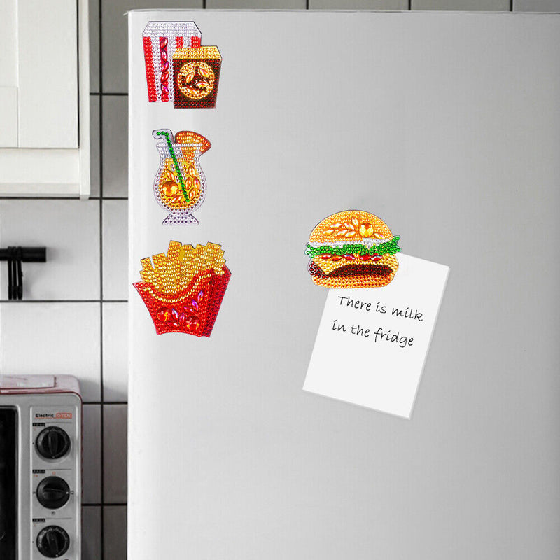 4pcs DIY Full Drill Diamond Burger Fries Food Embroidery Fridge Magnets