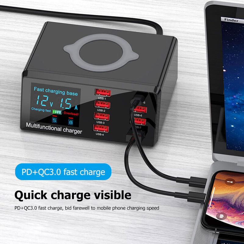 X9 8 Port USB Charger Hub Wireless Charger PD QC3.0 Charging Station (EU) Newly
