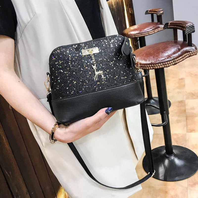 Shell Shoulder Handbag Women Shining Sequins PU Leather Messenger Bag/Black