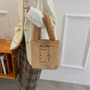 Cute Little Bear Print Large Handbag Women Autumn Winter Soft Plush Shopping Bag