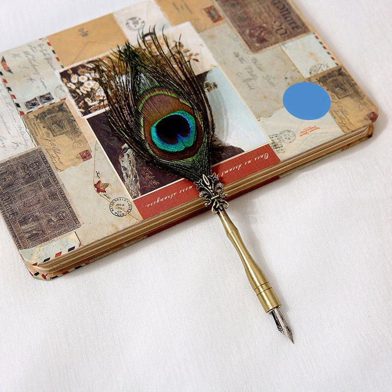 Retro Calligraphy Peafowl Quill Feather Dip Pen Writing Ink Set (Multicolor