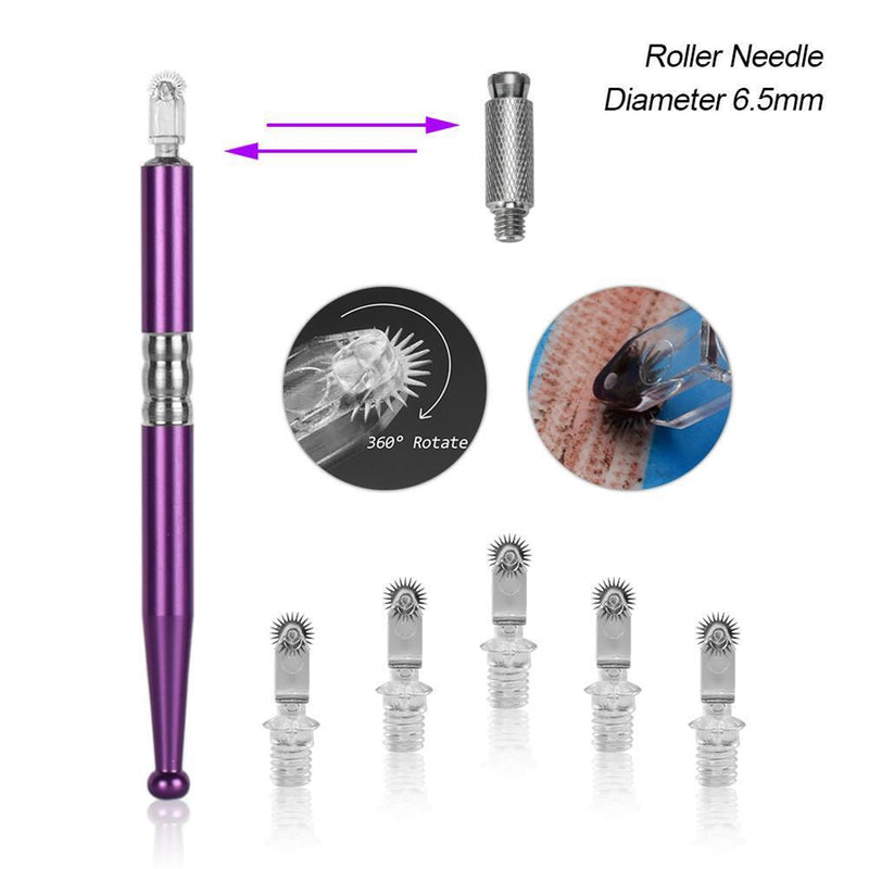 1pc Manual Tattoo Roller Pen+5pcs Pins Set Eyebrow Microblading Tool(Purple