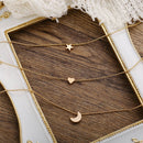 Lady Moon Star Love Pendant Necklace Retro Women Multi Layer Clavicle Chain