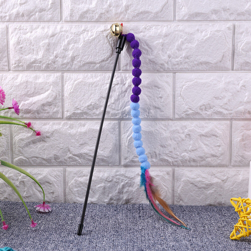 Cat Teasing Stick Colorful Pompom Feather Wand Fun Pet Teaser Rod Toys (04)
