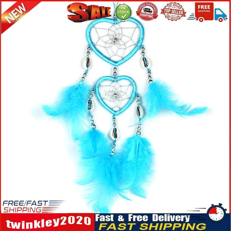 2 Circle Heart Shape Handmade Dream Catcher with Feathers Decor Craft Blue Newly
