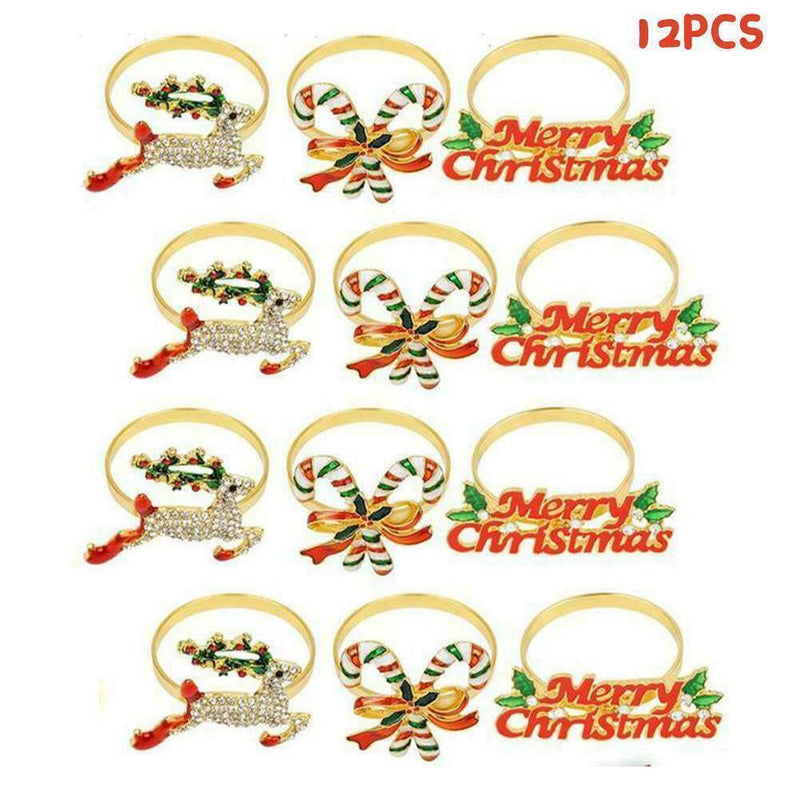 12pcs Christmas Elk Napkin Rings Napkin Holders Buckles Table Party Decor G4T8