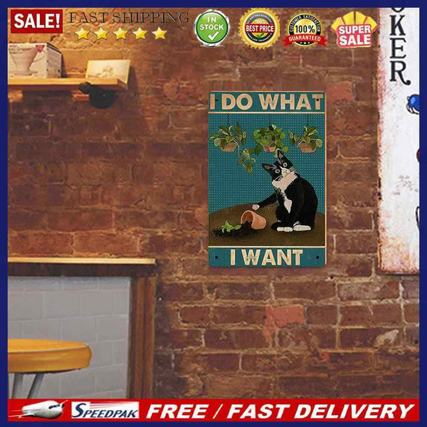 Retro Iron Painting Black Cat Overturning Flowerpot Wall Art Poster (20x30cm)