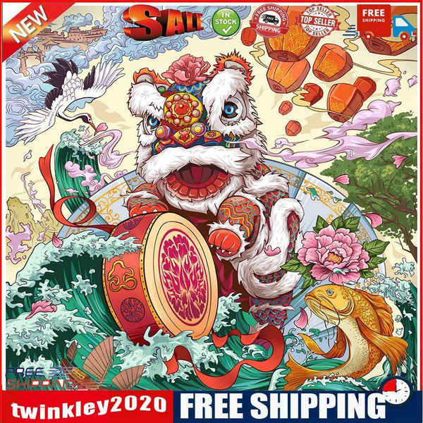 Lion Dance 5D Diamond Painting DIY Full Round Drill Kit Rhinestone Craft