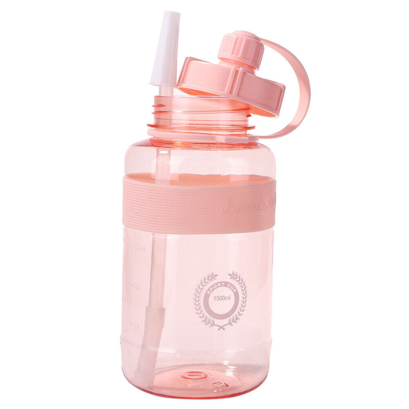 Portable Women Summer Gym Water Bottle Straw Large Capacity (Pink 1500ml) Newly