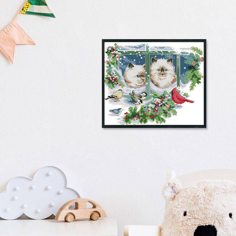 Stamped Cross Stitch Winter Kitties 2-Strand 14CT Embroidery DIY Set (D379)