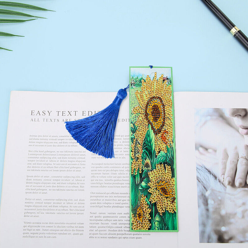 5D DIY Sunflower Mosaic Rhinestone Cross Stitch Leather Page Marker Bookmark