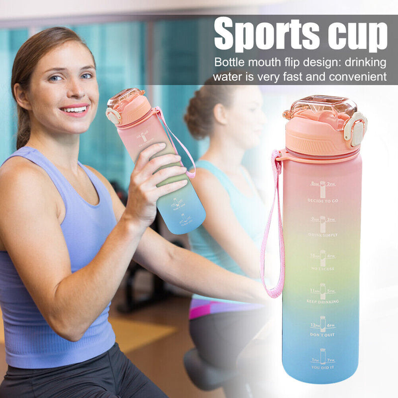 Plastic Water Bottle with Time Marker Sports Leakproof Drink Cup (Pink) Newly