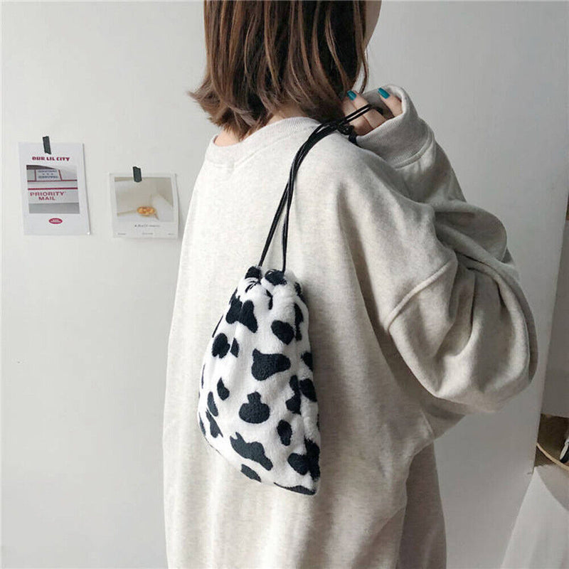 Women Plush Crossbody Bag Cow Milk Print Shoulder Drawstring Mini Handbags