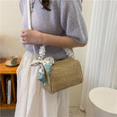 Woven Shoulder Bag Silk Scarf Pleated Travel Messenger Tote Handbag (Khaki)