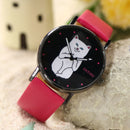 Student Lovely Cat Round Black Crystal Dial Quartz Watch (Rose Red) Newly