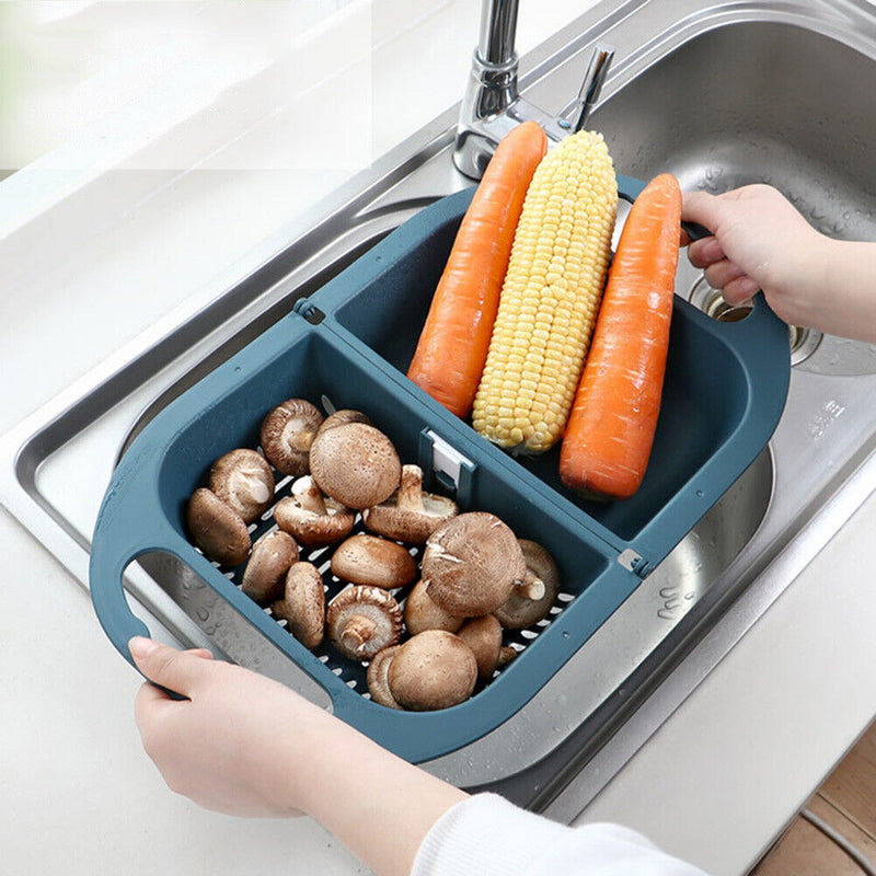 Foldable Drain Basket Fruit Vegetable Kitchen Washing Sink Strainer (Blue)