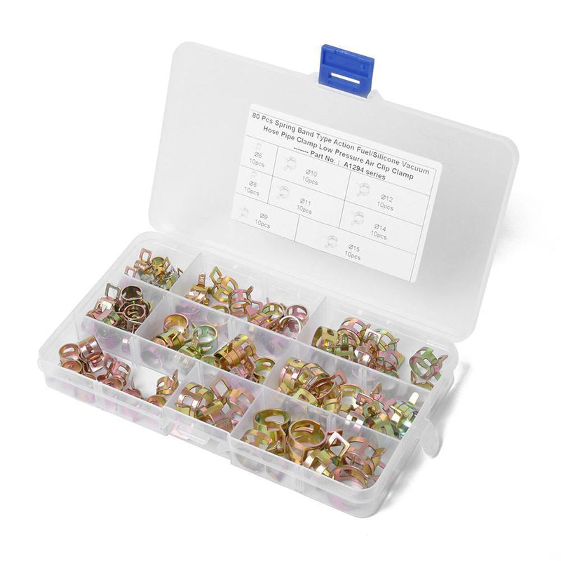 80pcs 6-15mm Spring Clips Fuel Line Hose Water Pipe Air Tube Fastener Clamp