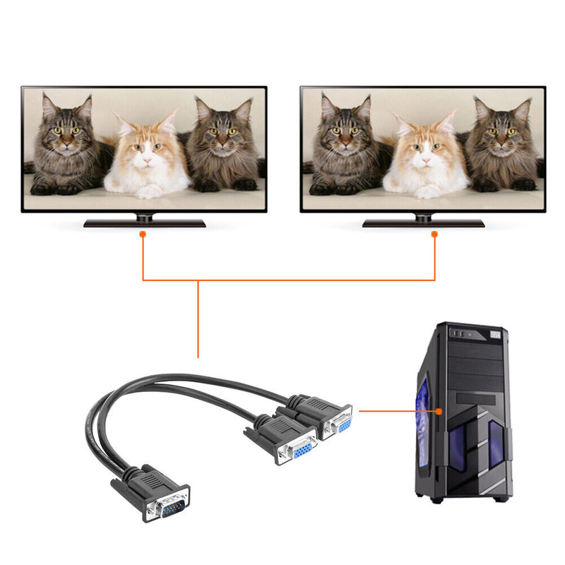 15 Pin VGA Male to 2 Female Y Splitter Cable Monitor Adapter for PC TV
