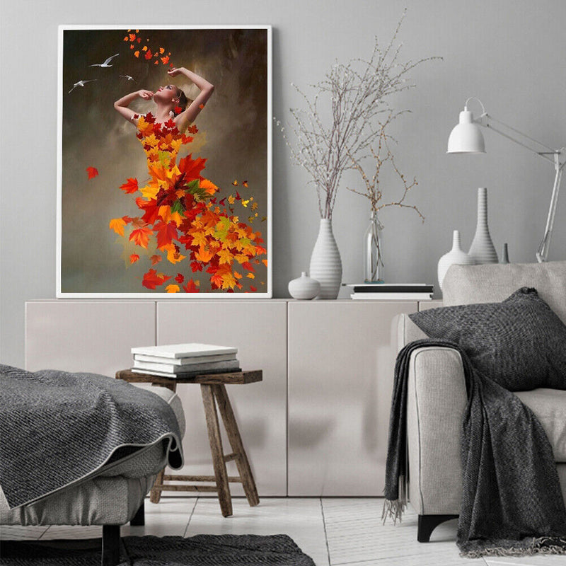 Hand Painted on Canvas DIY Maple Leaf Girl Oil Paint By Numbers Drawing Kit