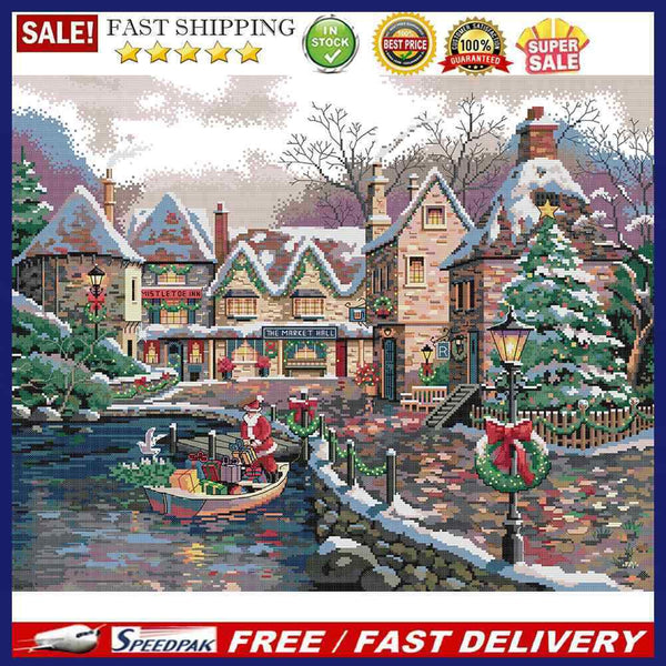 14CT Printed Partial Embroidery Christmas Town Needlework DIY Cross Stitch