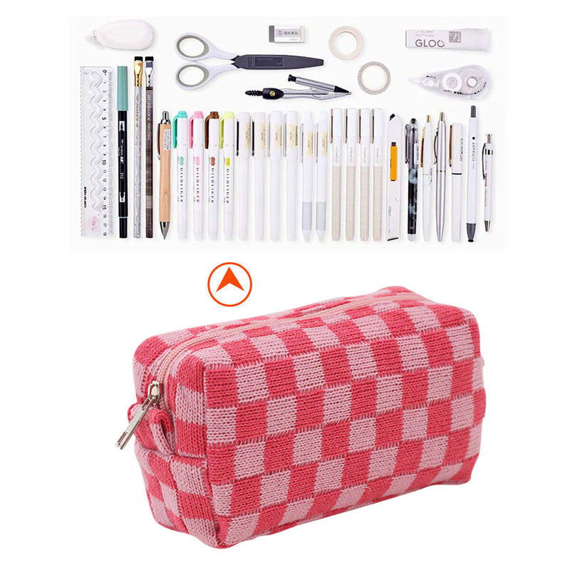 #A Pencil Case Large Capacity Cosmetics Brushes Pen Pouch Toiletry Bags (Plaid)