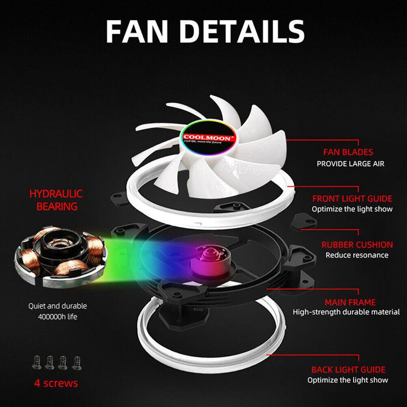 COOLMOON 12cm RGB Small 6 Pin PC Case Cooling Fan with Controller (4 Fan) Newly