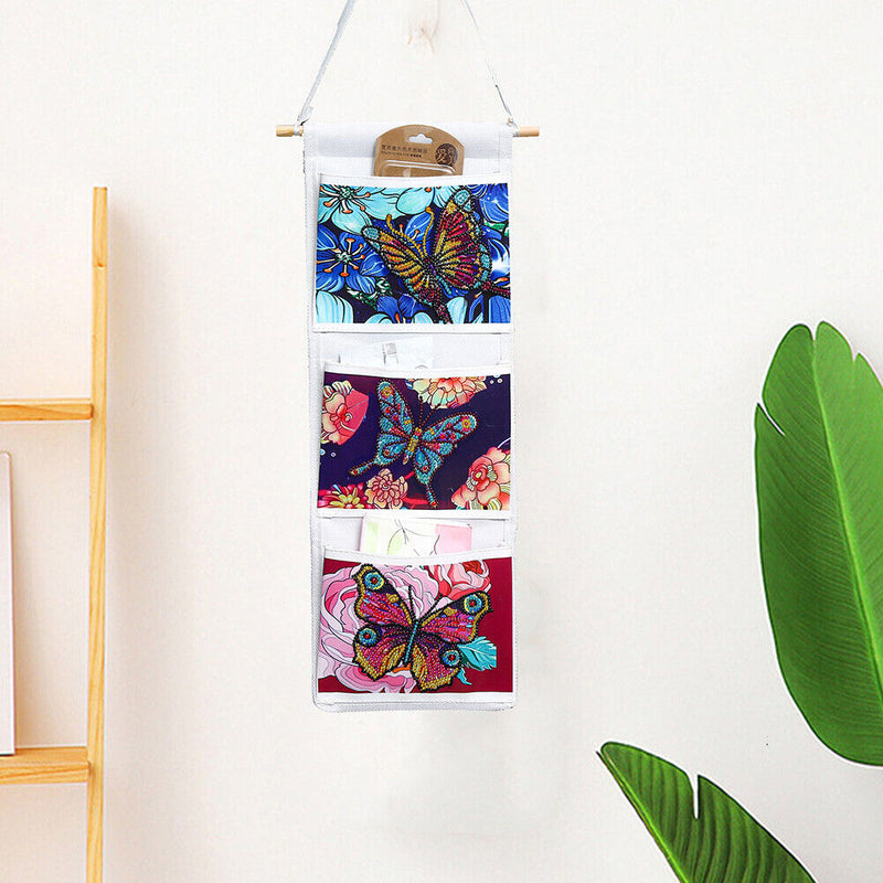 Butterfly Diamond Painting Wall Hanging Storage Bag 3 Pockets White (AA993)