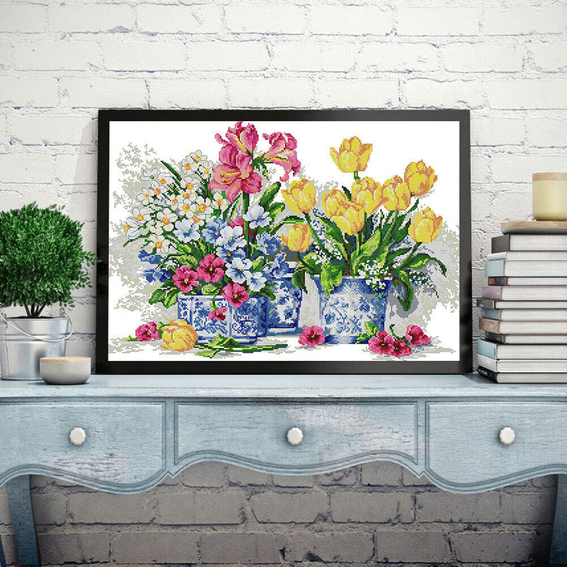 Full Cross Stitch 14CT Cotton Thread DIY Fresh Flowers Printed Embroidery Kits