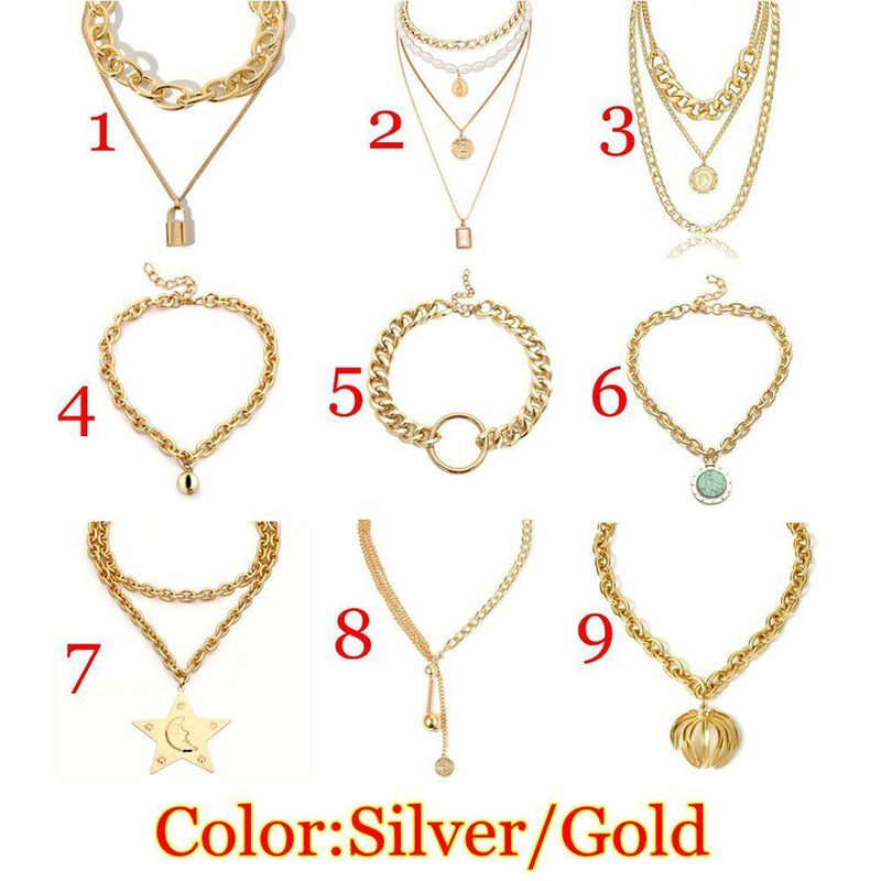 Exaggeration Women Punk Choker Coin Pendant Necklace Long Chain Multi-layer