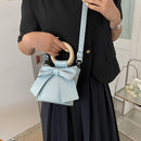 Bow Tie Bucket Crossbody Bag Women Leather Round Wooden Handle Shoulder Handbag