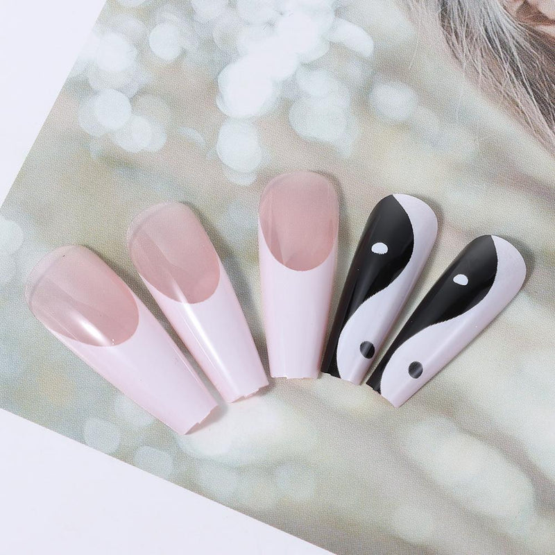 with Taichi Design Long Coffin False Nail Tips White and Black Mixed Colors