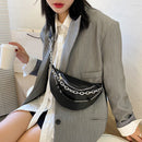 Fashion Solid Chest Bag Women PU Leather Beaded Chain Fanny Pack Crossbody Pouch
