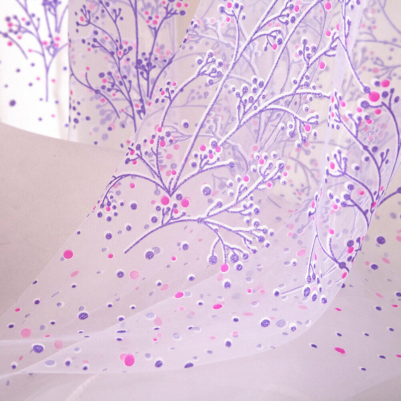 Flowers Print Translucent Curtains Windows Decor Tulle Sheer Drapes Purple