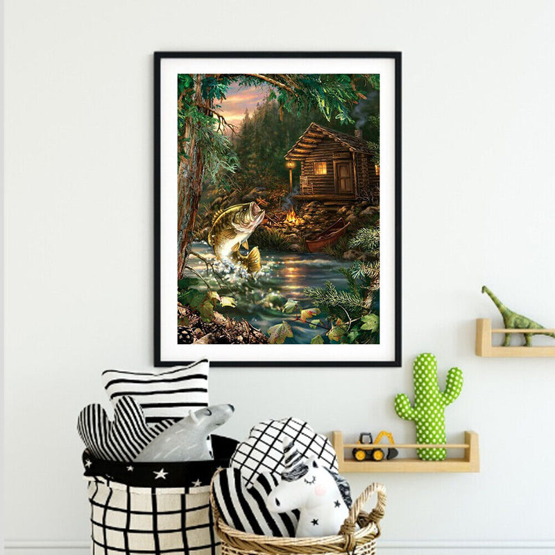 Cabin River Fish Canvas Paint By Numbers Oil Hand Painted Home Drawing Kit